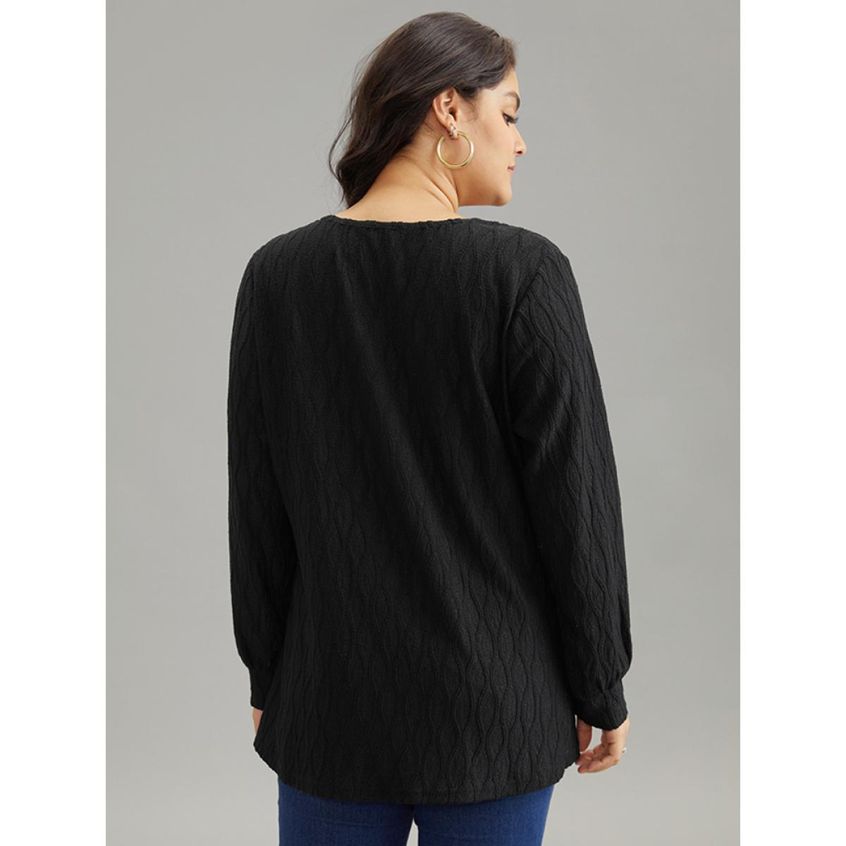 Plus Size Black Solid Jacquard Overlap Collar Crossover Blouse Women Casual Long Sleeve Overlap Collar Dailywear Blouses BloomChic 26/4X Product Image