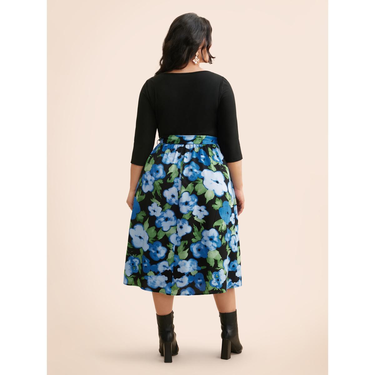 Plus Size Round Neck Floral Patchwork Belted Dress Black Women Elegant Belted Round Neck Elbow-length sleeve Curvy BloomChic 22-24/3X Product Image