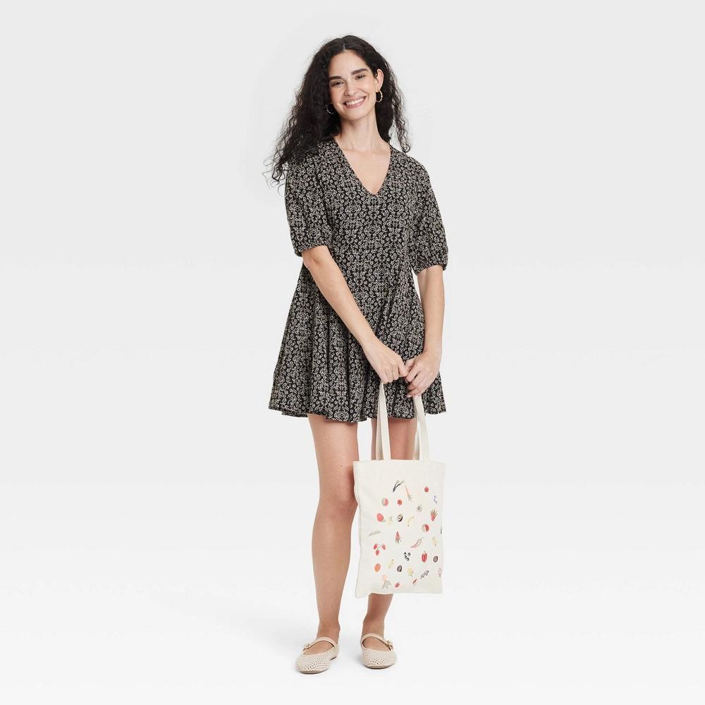 Women's Bell Elbow Sleeve Mini A-Line Dress - Universal Thread™ Black Floral S: V Neck, Side Pocket, Woven Product Image