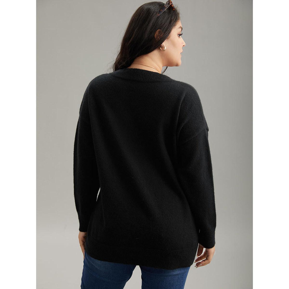 Plus Size Anti-Pilling Rhinestone Drop Shoulder Pullover Black Women Casual Loose Long Sleeve V-neck Dailywear Pullovers BloomChic 28/5X Product Image