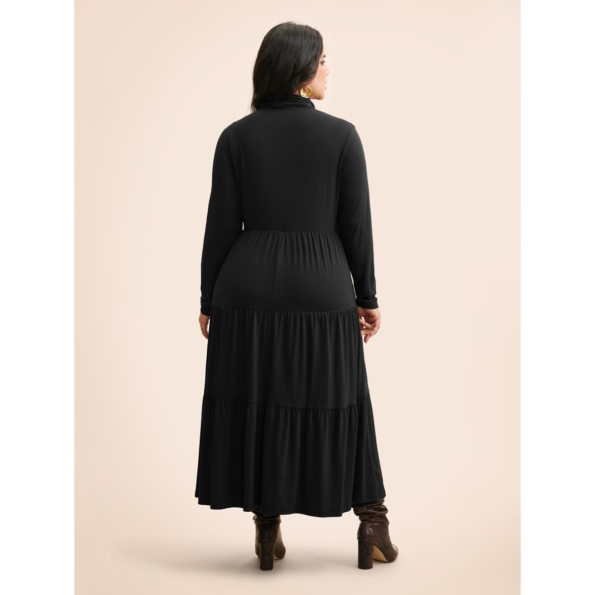 Plus Size Supersoft Essentials Funnel Neck Tiered Midi Dress Pureblack Women Casual Ruffles Mock Neck Long Sleeve Curvy BloomChic 28/5X Product Image