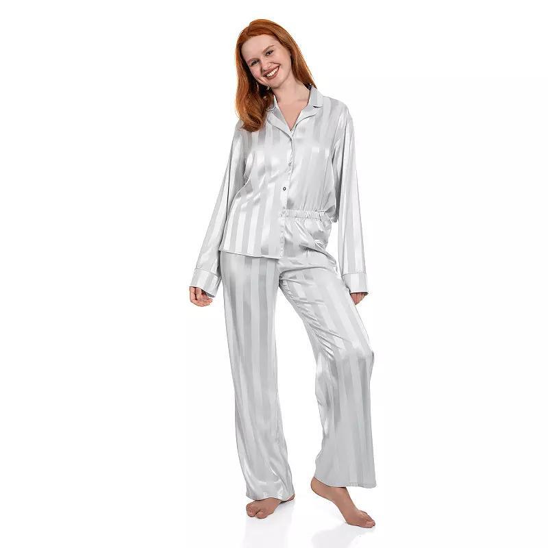 Women's Lilac+London Long Satin Notch Collar Pajama Top & Pajama Bottoms Set, Size: XXL LONG, Red Product Image