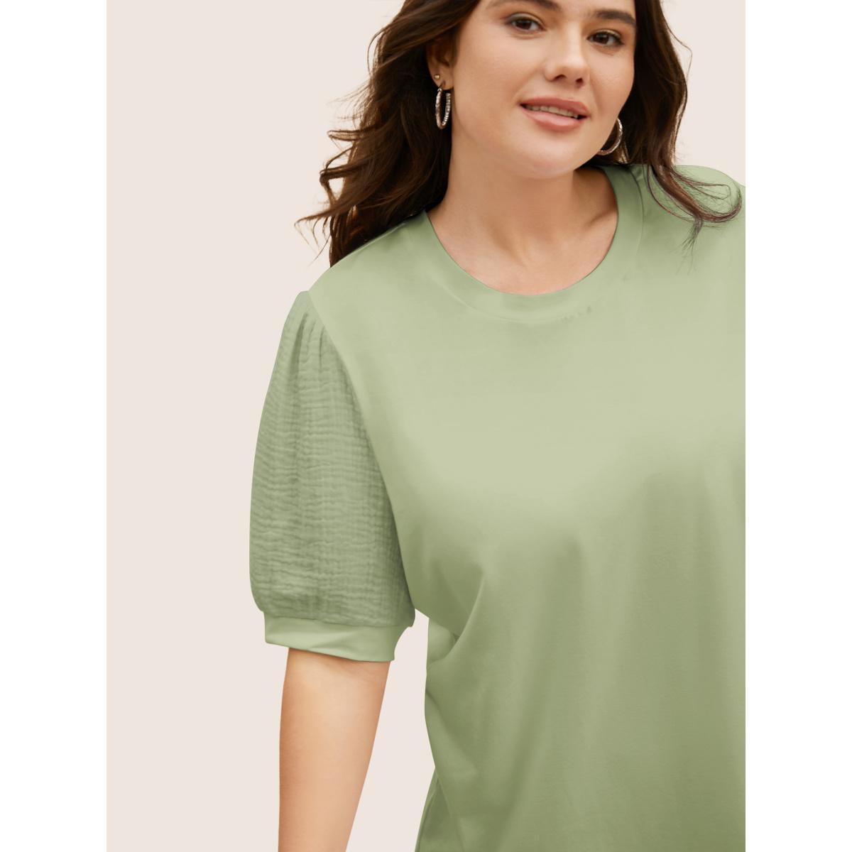 Plus Size Plain Textured Patchwork Lantern Sleeve T-shirt LightGreen Women Casual Texture Round Neck Everyday T-shirts BloomChic 12/L Product Image