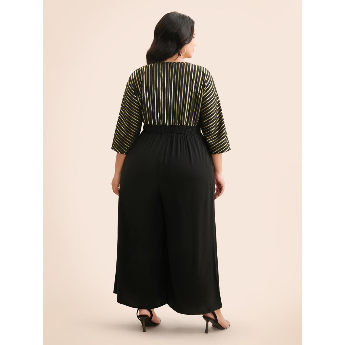 Plus Size Black Glitter Striped Patchwork Shirred Jumpsuit Women Cocktail Elbow-length sleeve Overlap Collar Party Loose Jumpsuits BloomChic 10/M Product Image
