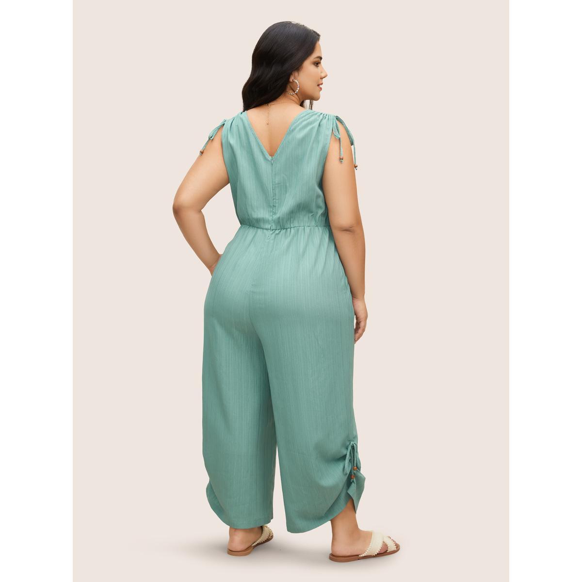 Plus Size Teal Plain Textured Surplice Neck Drawstring Jumpsuit Women Resort Sleeveless V-neck Vacation Loose Jumpsuits BloomChic 18-20/2X Product Image