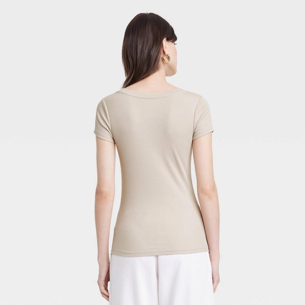 Womens Slim Fit Short Sleeve Ribbed Scoop Neck T-Shirt - A New Day Beige M Product Image