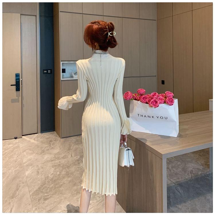 Long Sleeve Petal Cuff Mock Neck Plain Ribbed Midi Sheath Sweater Dress Product Image