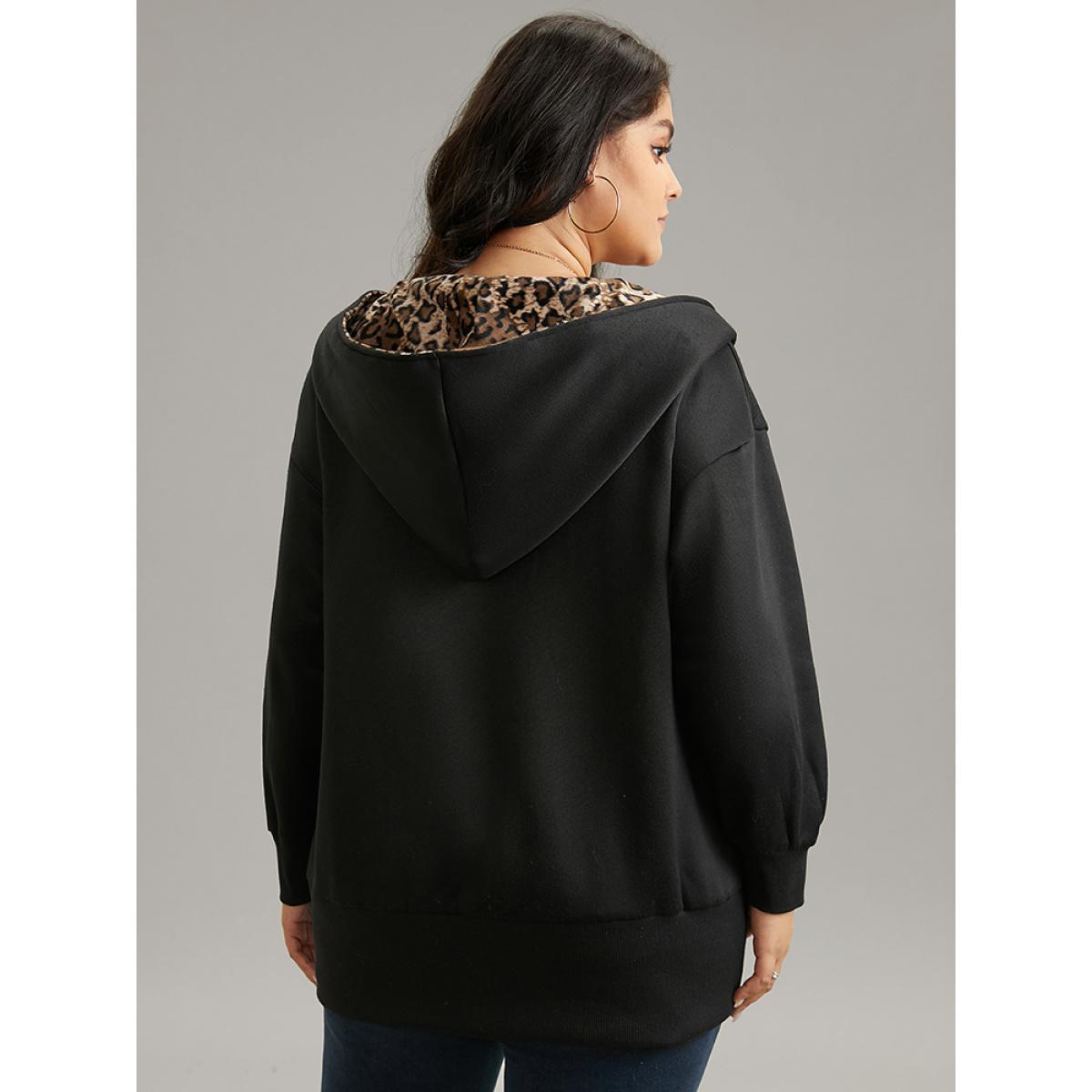 Plus Size Leopard Patchwork Zipper Hooded Jacket Women Black Contrast Pocket Dailywear Jackets BloomChic 22-24/3X Product Image