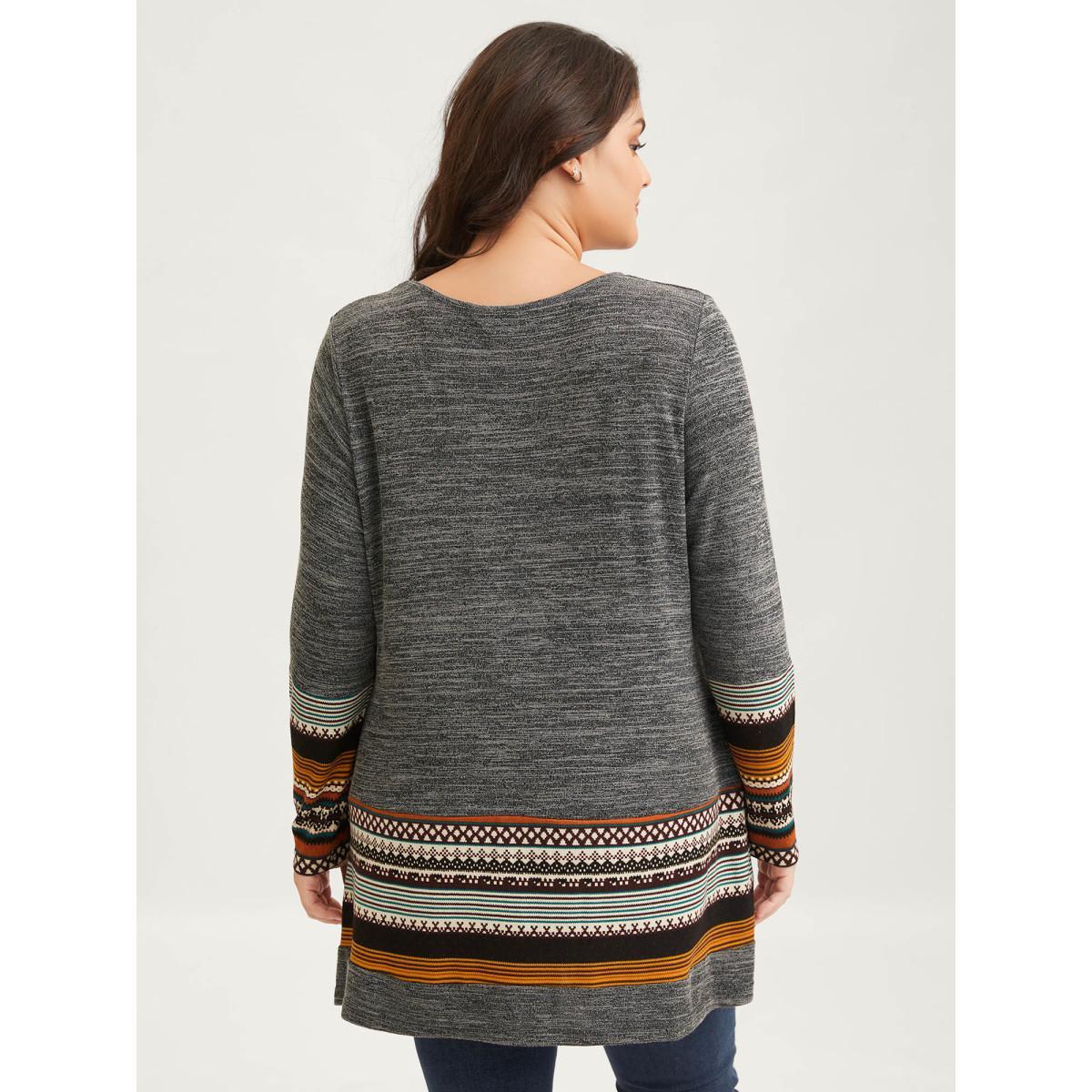 Plus Size Tunic Boho Print Pocket T-shirt DimGray Women Casual Contrast Round Neck Loose Everyday T-shirts BloomChic 22-24/3X Product Image