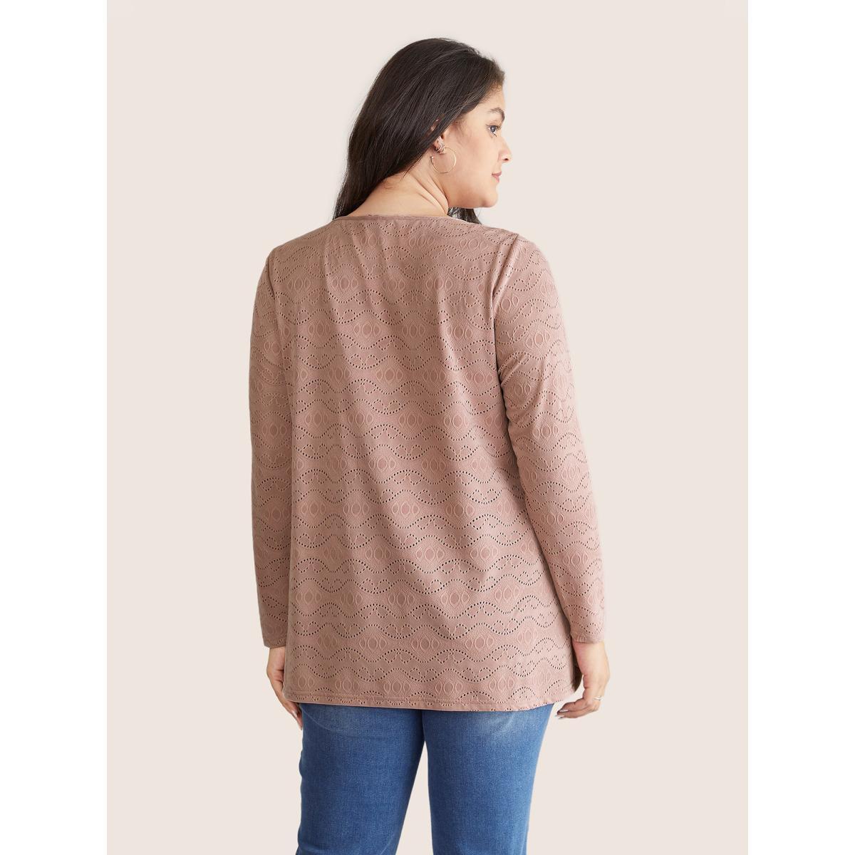 Plus Size Broderie Anglaise Button Detail Arc Hem T-shirt DustyPink Women Casual Texture Plain Round Neck Dailywear T-shirts BloomChic 30/6X Product Image