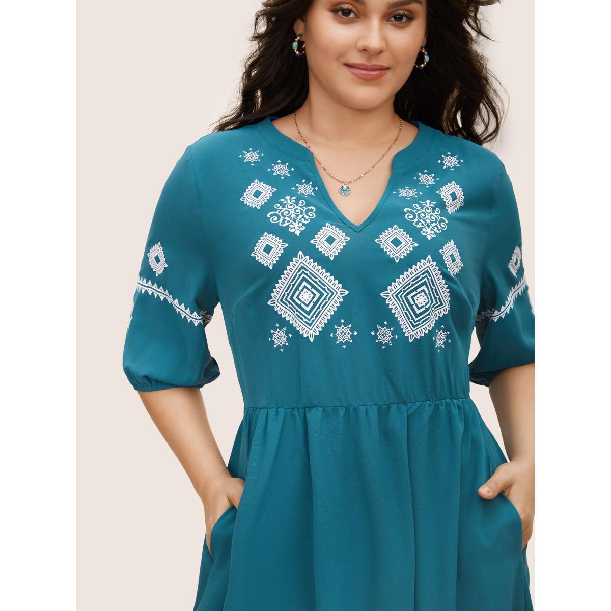Plus Size Bandana Notched Collar Split Hem Midi Dress Mediumblue Women Resort Gathered Notched collar Elbow-length sleeve Curvy BloomChic 30/6X Product Image