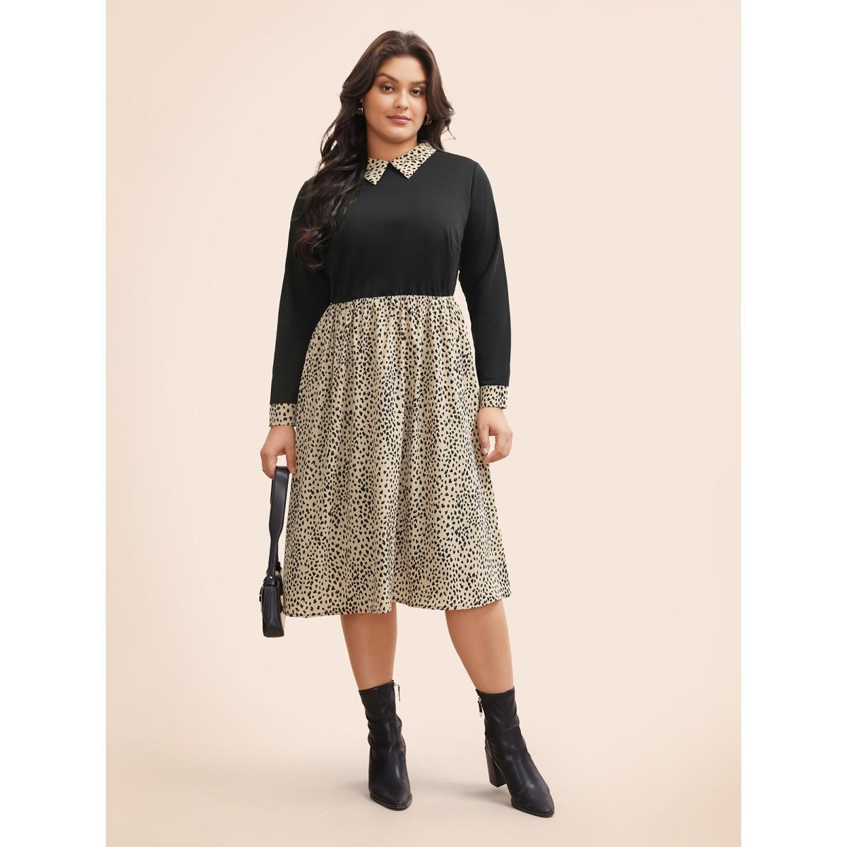 Plus Size Shirt Collar Leopard Print Patchwork Dress Tan Women At the Office Patchwork Shirt collar Long Sleeve Curvy BloomChic 18-20/2X Product Image