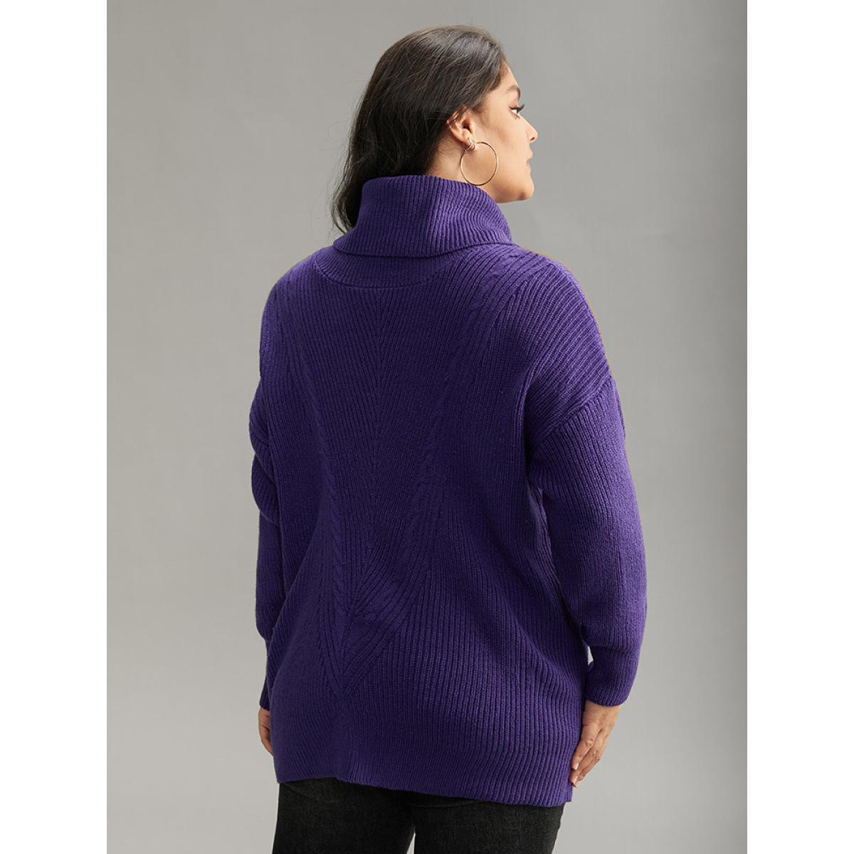Plus Size Plain Turtleneck Texture Elastic Cuffs Pullover BlueViolet Women Casual Loose Long Sleeve Turtleneck Dailywear Pullovers BloomChic 12/L Product Image