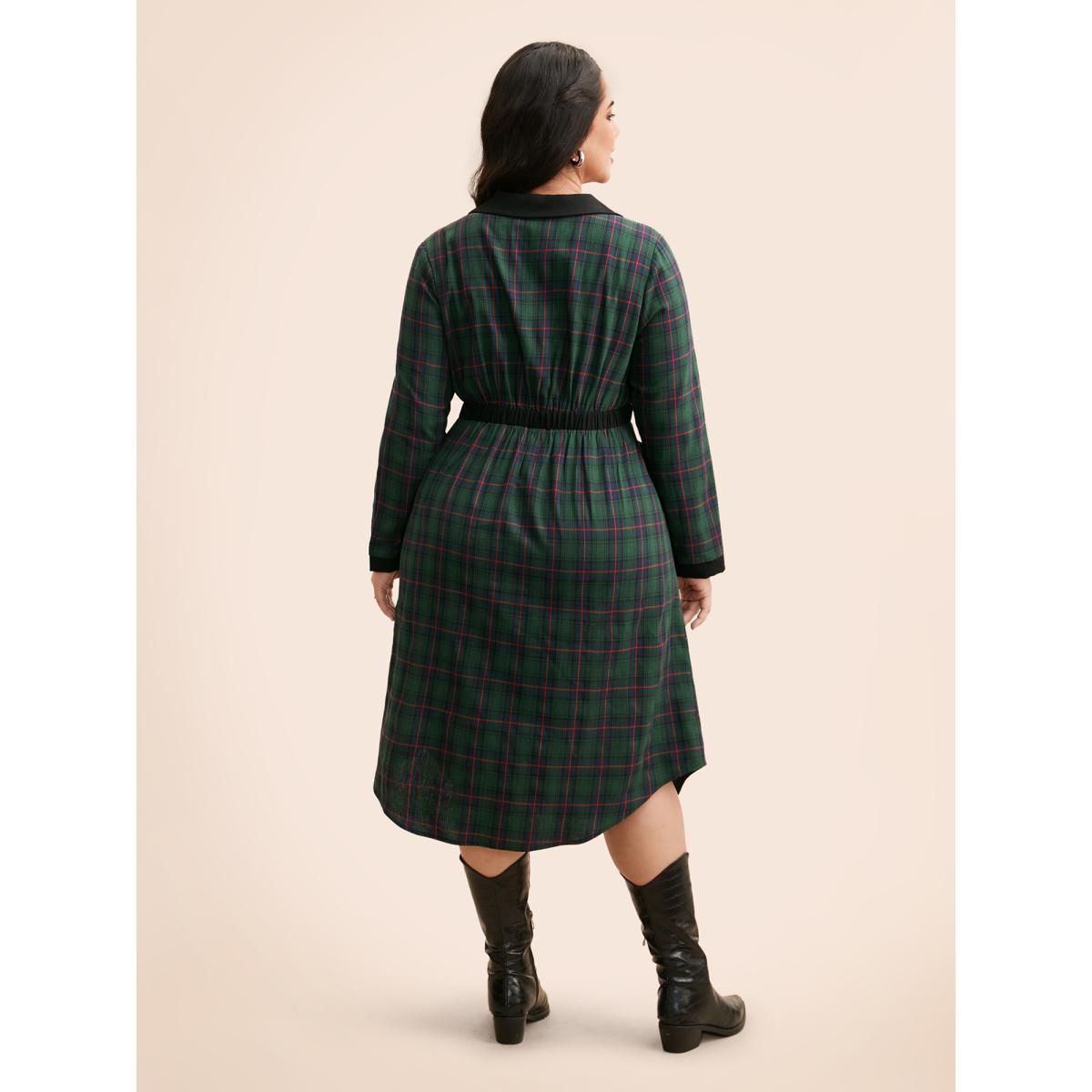 Plus Size Contrast Plaid O Ring Zipper Dress Emerald Women At the Office Contrast Shirt collar Long Sleeve Curvy BloomChic 18-20/2X Product Image