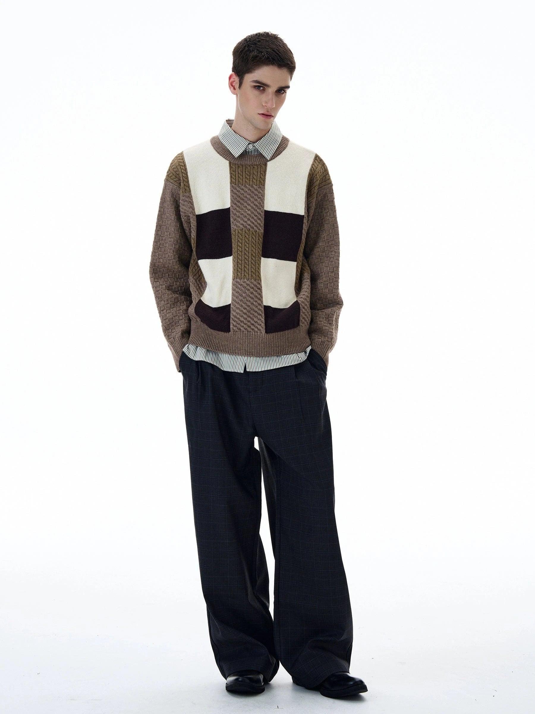 RT No. 20028 KNIT COFFEE PLAID CREWNECK SWEATER Product Image
