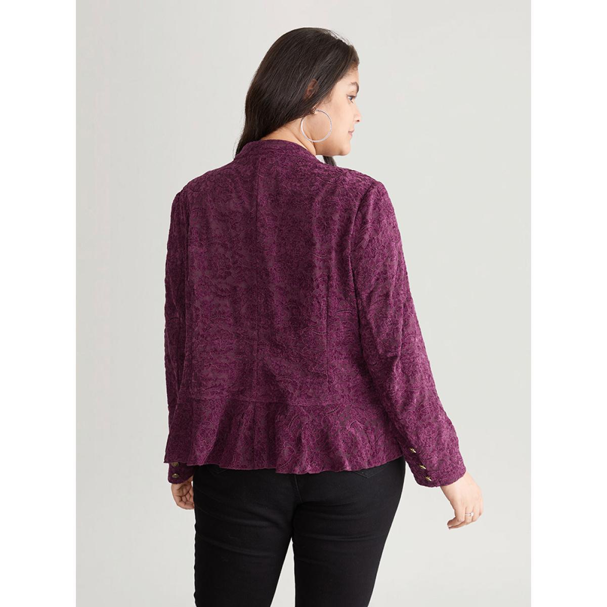 Plus Size Guipure Lace Ruffle Trim Buckle Detail Jacket Women Purple Plain Dailywear Jackets BloomChic 14-16/1X Product Image