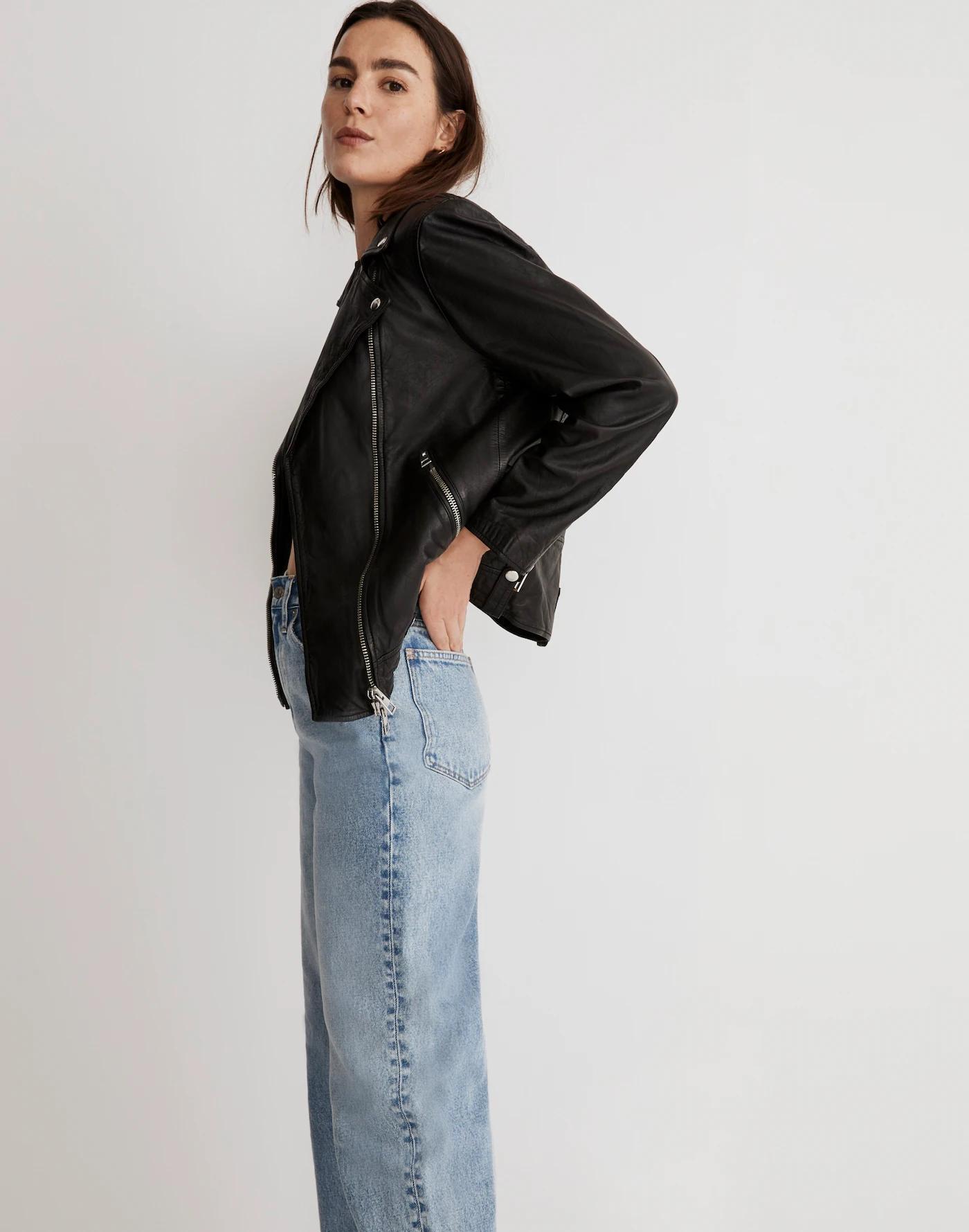 Washed Leather Oversized Motorcycle Jacket Product Image
