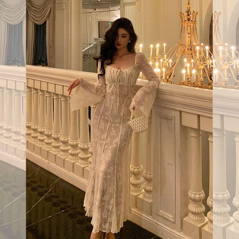 Long-Sleeve Square Neck Floral Bow Lace Midi Sheath Dress Product Image