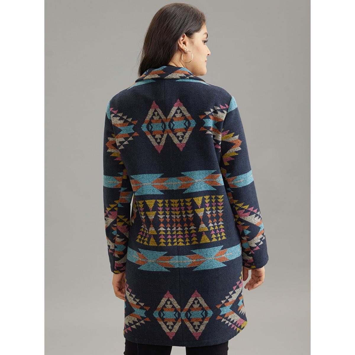 Plus Size Geometric Button Up Lapel Collar Coat Women Indigo Casual Printed Ladies Dailywear Winter Coats BloomChic 12/L Product Image