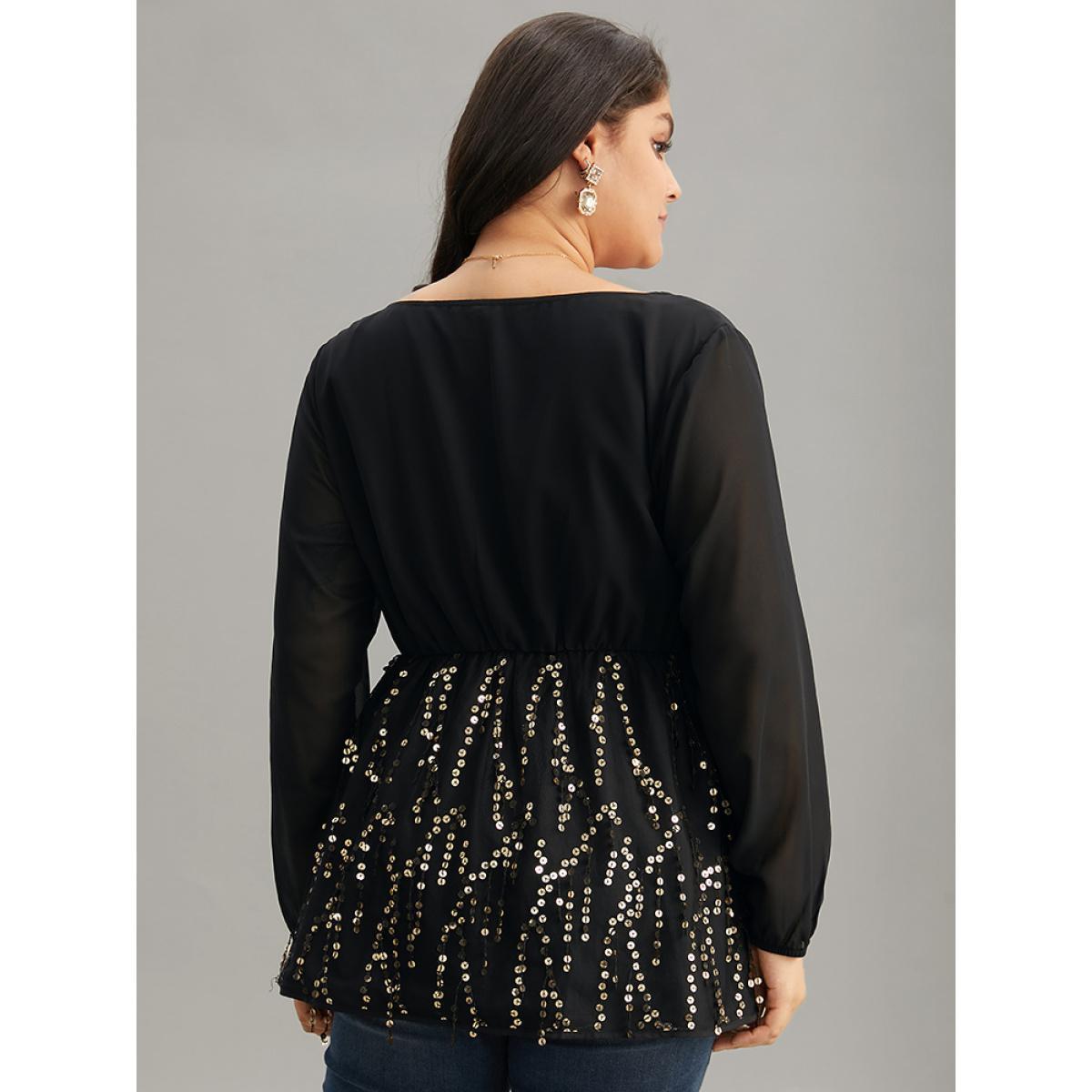 Plus Size Black Sequin Mesh Patchwork Square Neck Blouse Women Glamour Long Sleeve Square Neck Going out Blouses BloomChic 28/5X Product Image