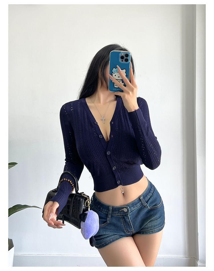 V-Neck Plain Pointelle Cardigan Product Image
