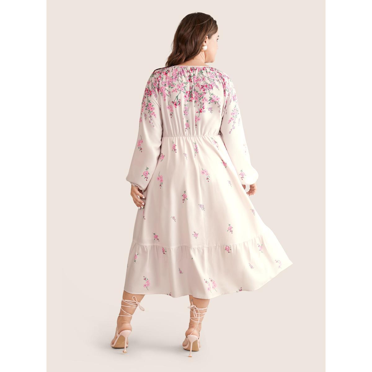 Plus Size Boho Print Patchwork Ruffles Lantern Sleeve Dress Apricot Women Elegant Elastic cuffs Round Neck Long Sleeve Curvy Midi Dress BloomChic 30/6X Product Image