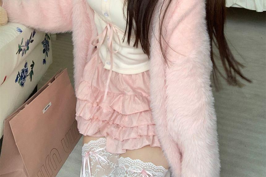 Long-Sleeve Scoop Neck Lace Trim Button-Up Crop Top / High Waist Tiered Mini A-Line Skirt / Plain Fluffy Cardigan Product Image