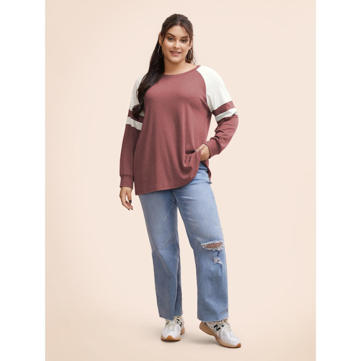 Plus Size Colorblock Contrast Stitch Raglan Sleeve T-shirt Russet Women Casual Elastic cuffs Striped Round Neck Dailywear T-shirts BloomChic 12/L Product Image