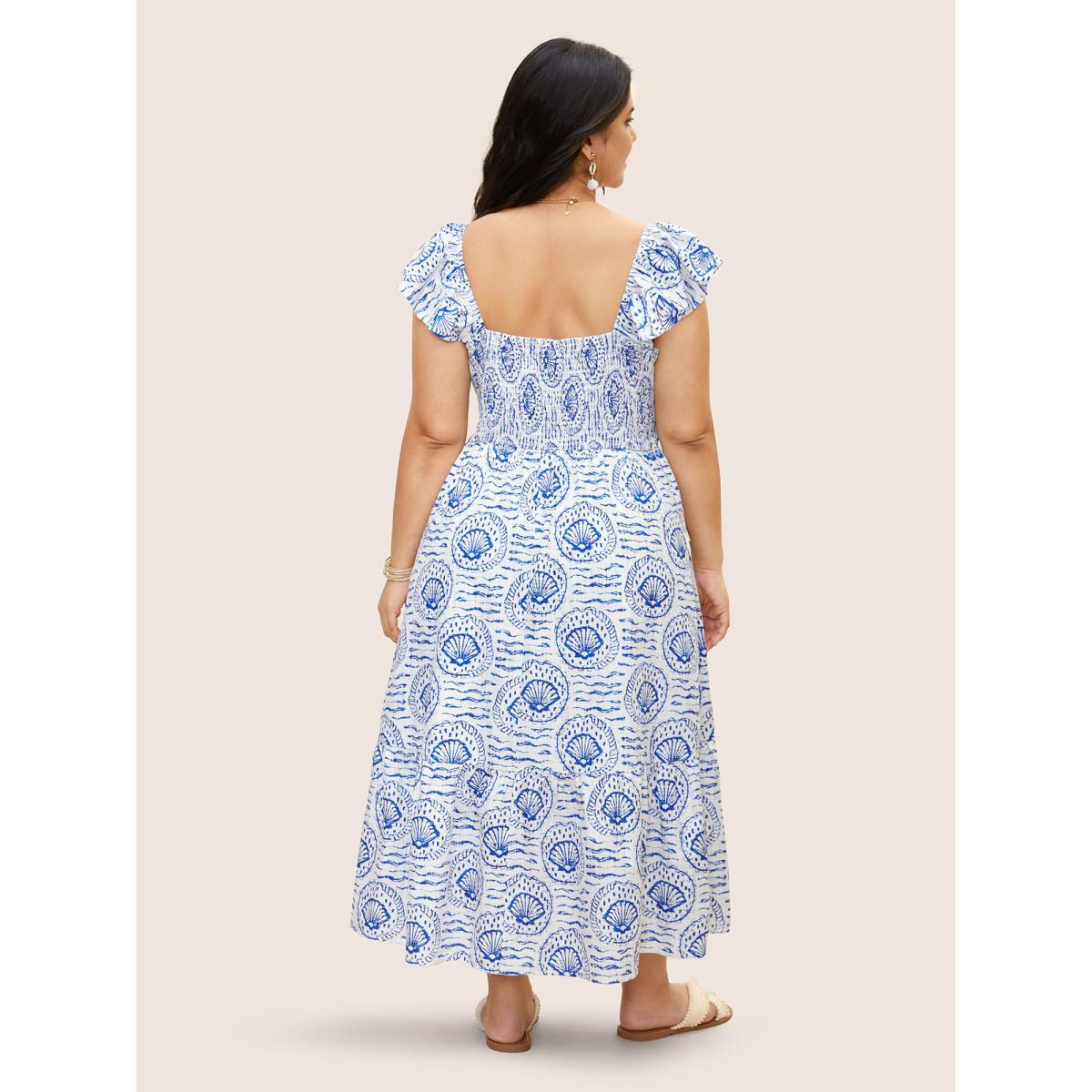 Plus Size Marine Elements Ruffles Tie Knot Maxi Dress LightBlue Women Resort Tie knot Heart neckline Cap Sleeve Curvy BloomChic 14-16/1X Product Image