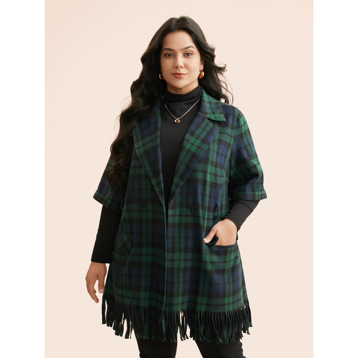 Plus Size Plaid Tassel Trim Pocket Belted Jacket Women Indigo Tassels Loose Open pocket with flap Belt Everyday Jackets BloomChic 18-20/2X Product Image