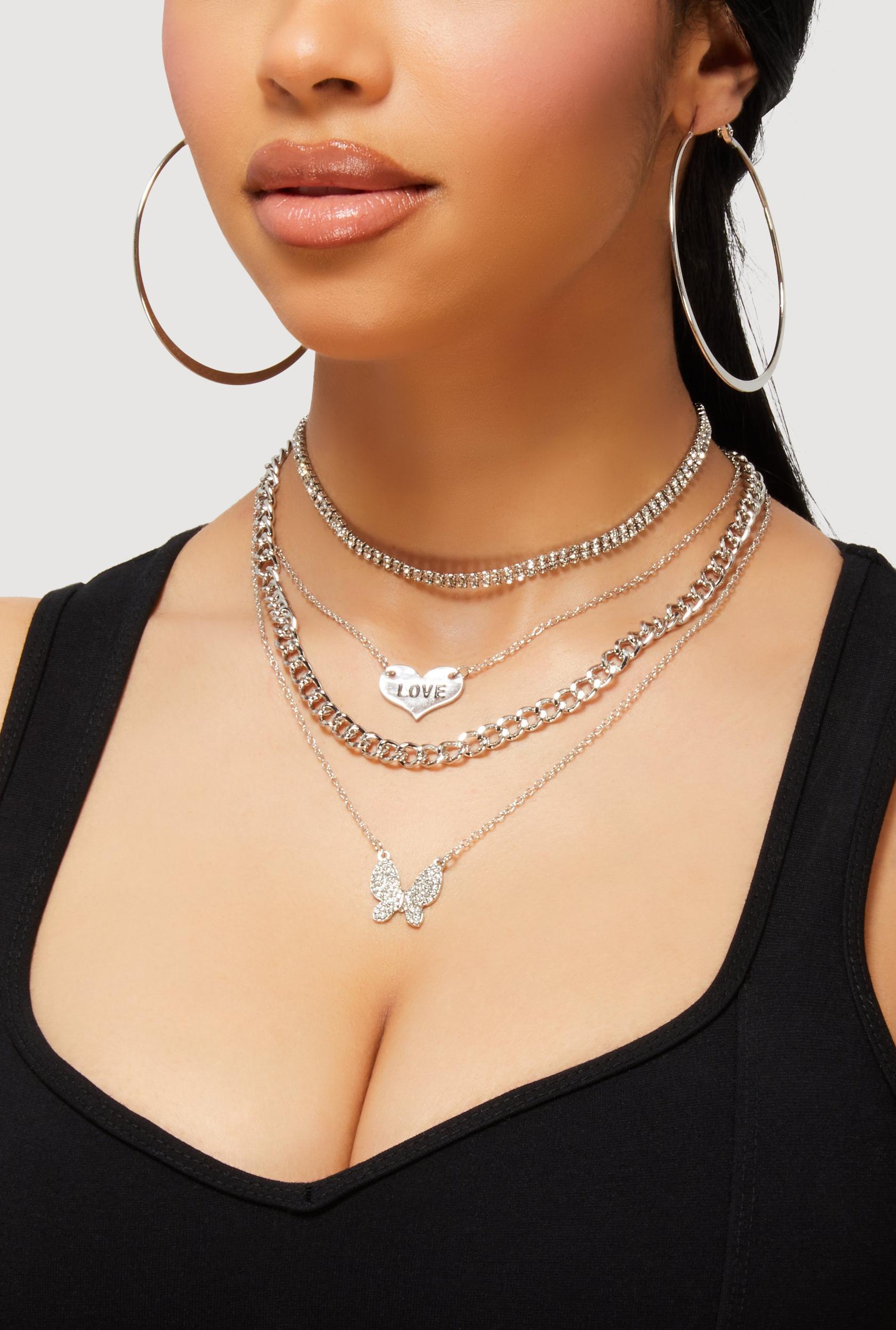 Cubic Zirconia Butterfly Pendant Layered Necklace and Hoop Earrings Female Product Image