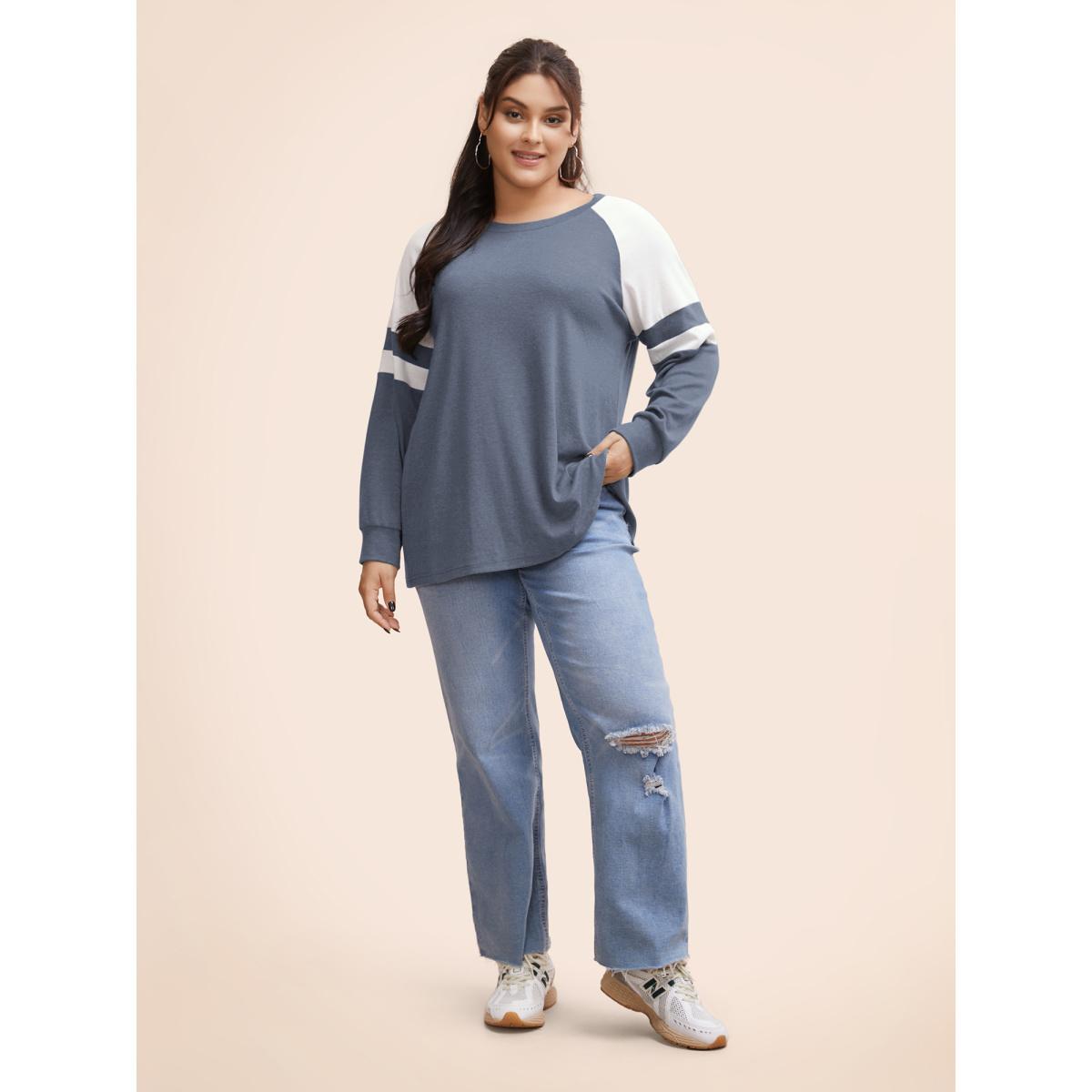 Plus Size Colorblock Contrast Stitch Raglan Sleeve T-shirt Mauve Women Casual Elastic cuffs Striped Round Neck Dailywear T-shirts BloomChic 18-20/2X Product Image