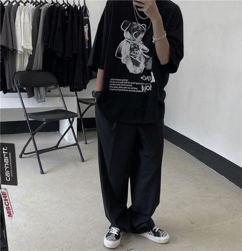 Oversized Lettering Teddy Bear Elbow-Sleeve T-Shirt Product Image