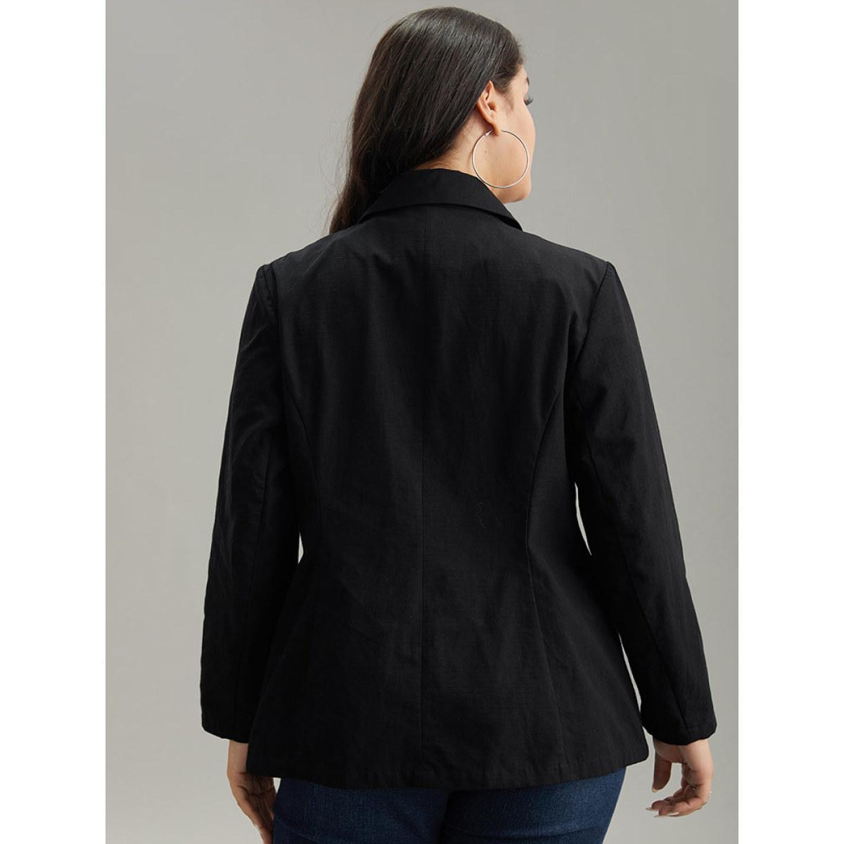 Plus Size Plain Gathered Suit Collar Button Fly Blazer Black Women Dailywear Plain Plain Sleeve Long Sleeve Suit Collar 12/L Casual Blazers BloomChic Product Image