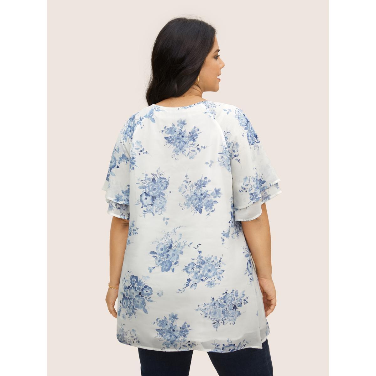 Plus Size Originalwhite Chiffon Floral Tiered Ruffles Raglan Sleeve Blouse Women Elegant Half Sleeve Round Neck Everyday Blouses BloomChic 28/5X Product Image
