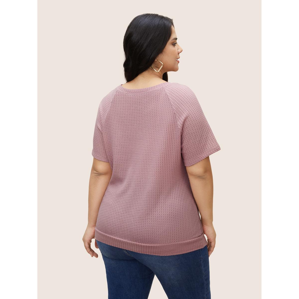 Plus Size Plain Waffle Knit V Neck T-shirt Rouge Women Casual Non V-neck Everyday T-shirts BloomChic 12/L Product Image