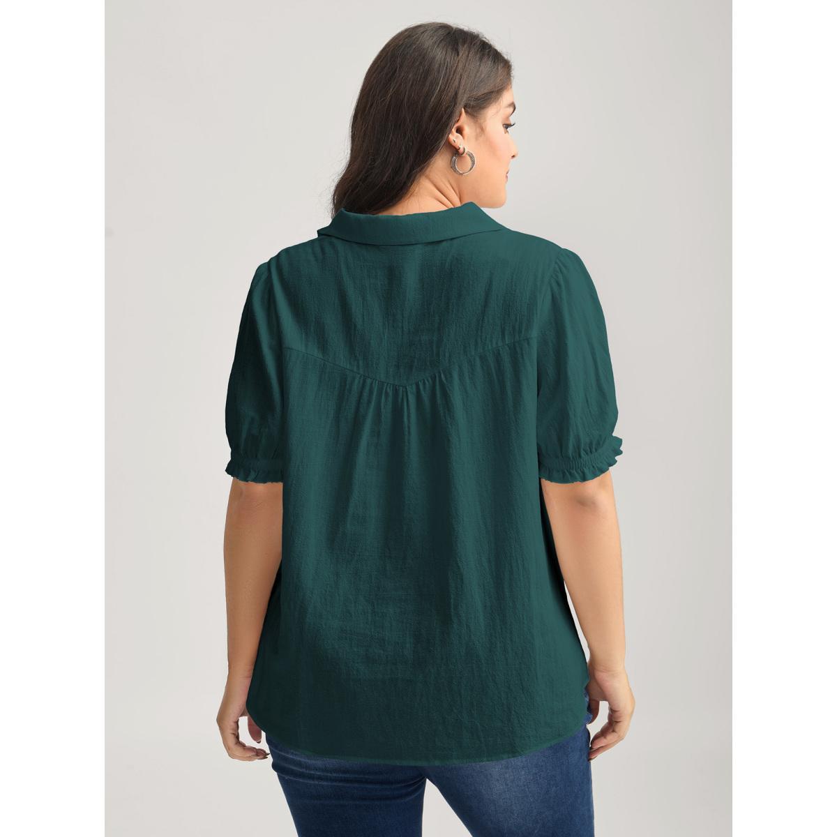 Plus Size Cyan Pure Cotton Ruffled Puffy Sleeve Blouse Women Short sleeve Shirt collar Work Blouses BloomChic 10/M Product Image