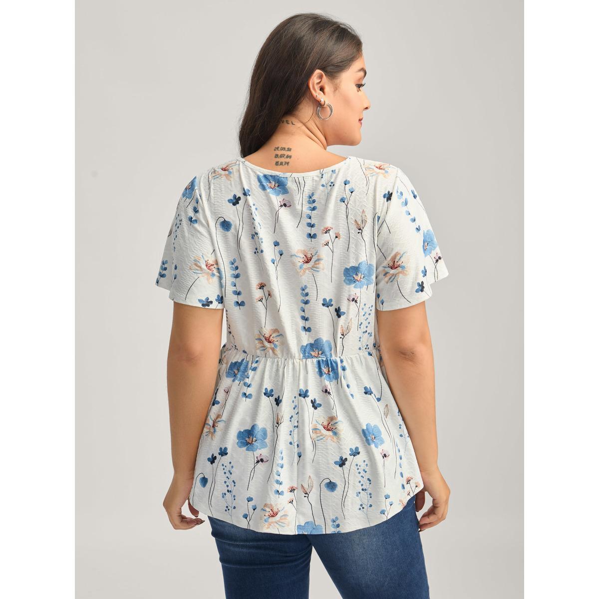 Plus Size Floral Lace-Trimmed Textured Babydoll Top Originalwhite Women V-neck Everyday-Elegant T-shirts BloomChic 18-20/2X Product Image
