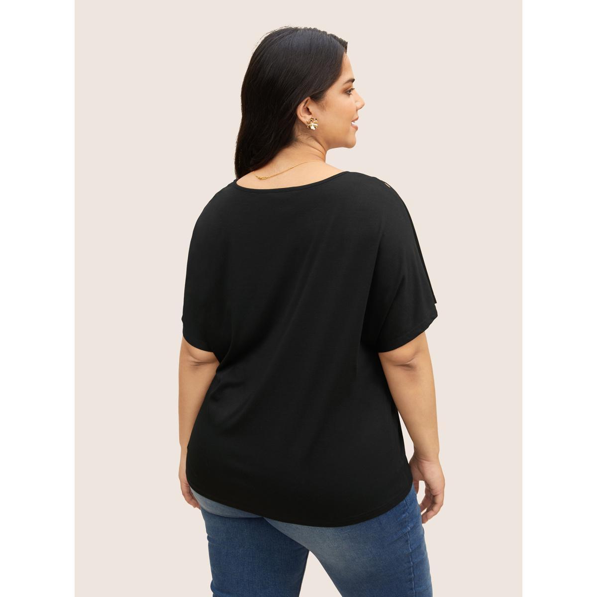 Plus Size Plain Laser Cut Batwing Sleeve T-shirt Black Women Elegant Cut-Out Round Neck Everyday T-shirts BloomChic 18-20/2X Product Image