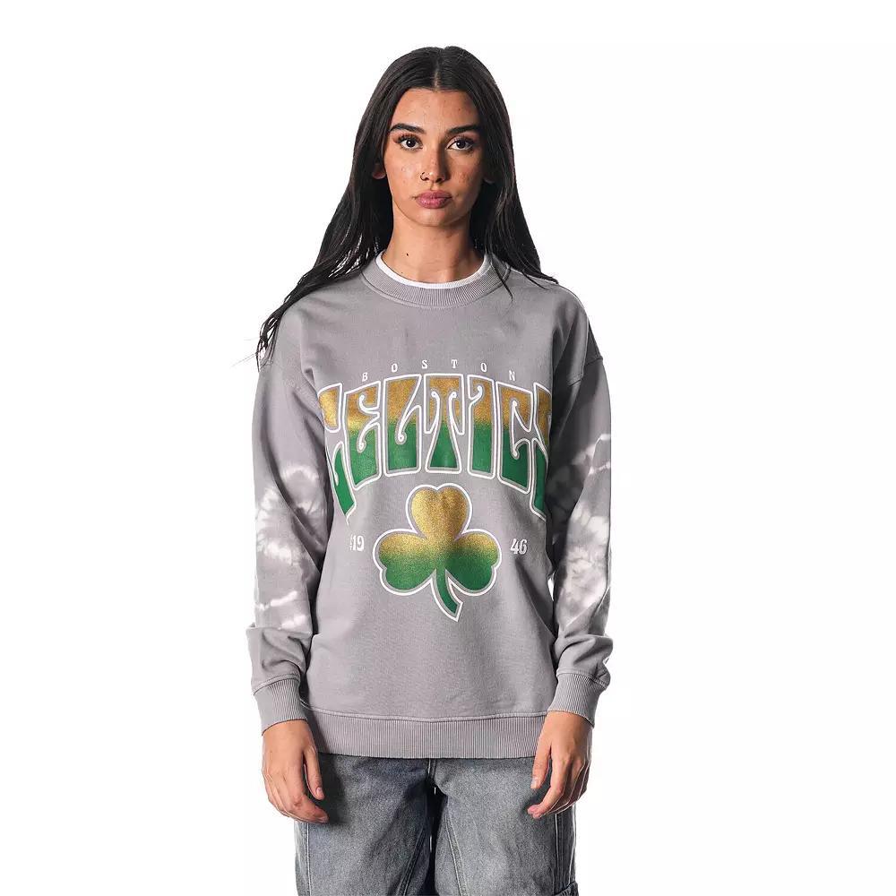 Womens The Wild Collective Heather Gray Boston Celtics Bleached Tie-Dye Pullover Sweatshirt Product Image