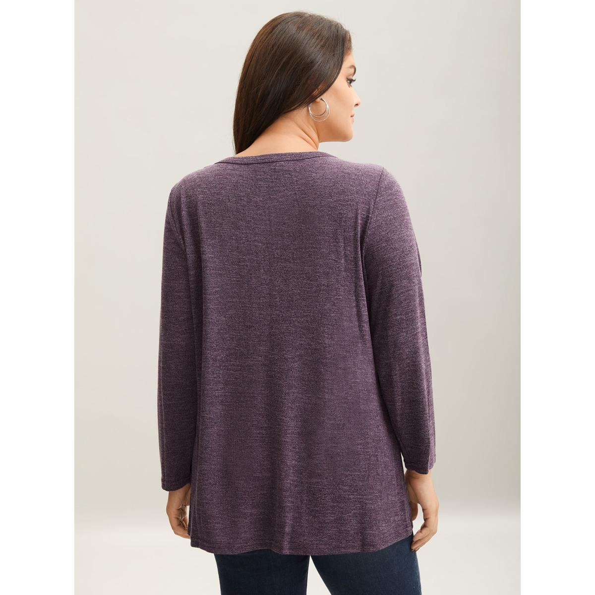 Plus Size Heather Button Up Long Sleeve T-shirt Purple Women Casual Heather Plain Everyday T-shirts BloomChic 30/6X Product Image