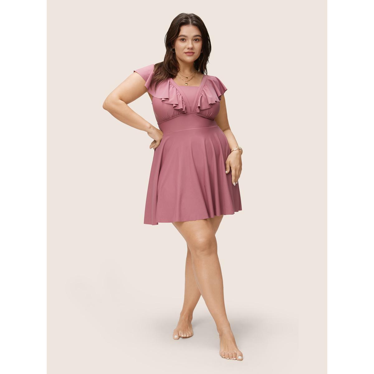 Plus Size Solid Flutter Trim A Line Swim Dress Women's Swimwear DustyPink Beach Bodycon Square Neck High stretch Curve Swim Dresses BloomChic 14-16/1X Product Image