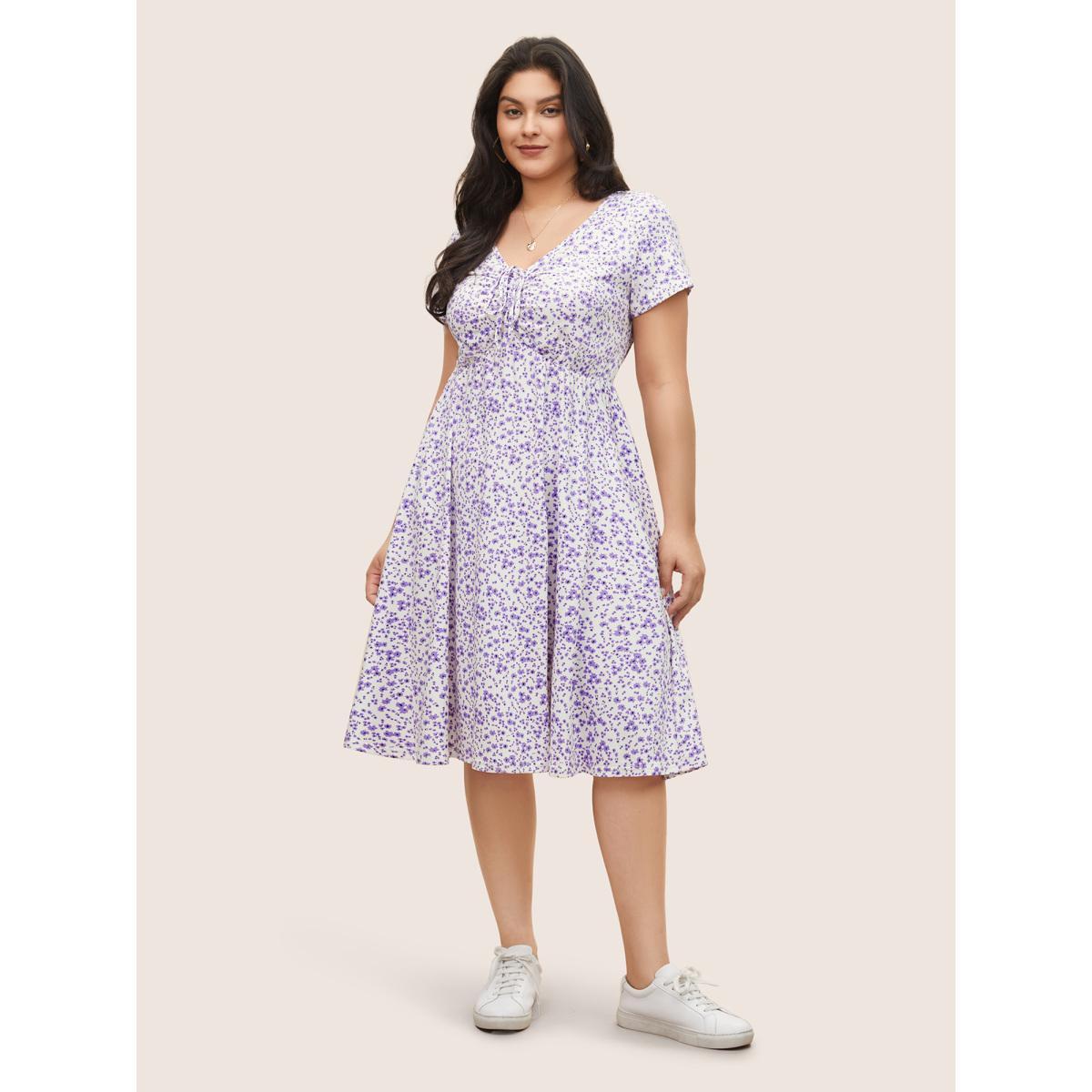 Plus Size Ditsy Floral Elastic Waist Knot Drawstring Dress Lilac Women Casual Non V-neck Short sleeve Curvy Midi Dress BloomChic 14-16/1X Product Image