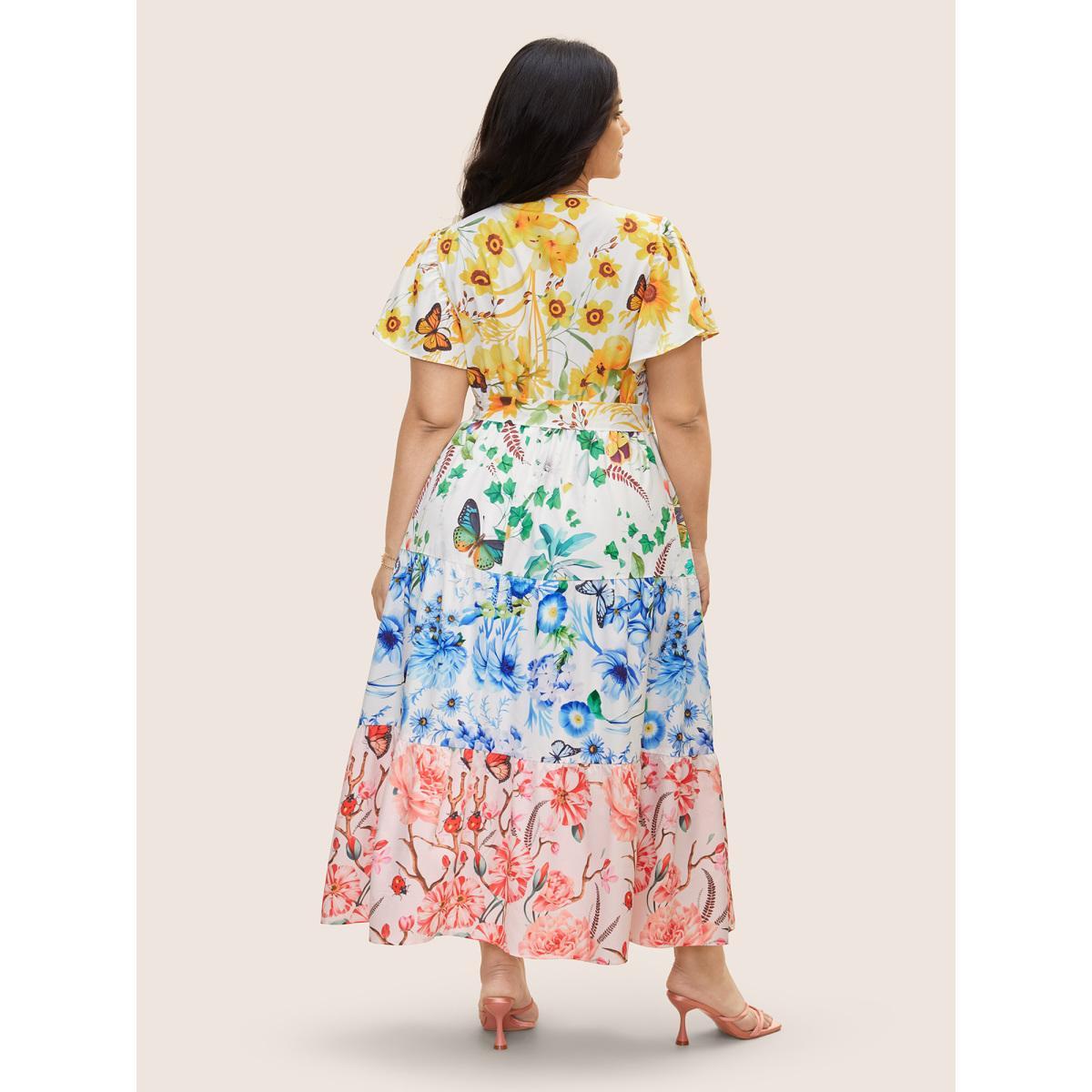 Plus Size Floral & Butterfly Contrast Ruffle Layered Hem Dress Multicolor Women Elegant Belted V-neck Short sleeve Curvy BloomChic 14-16/1X Product Image