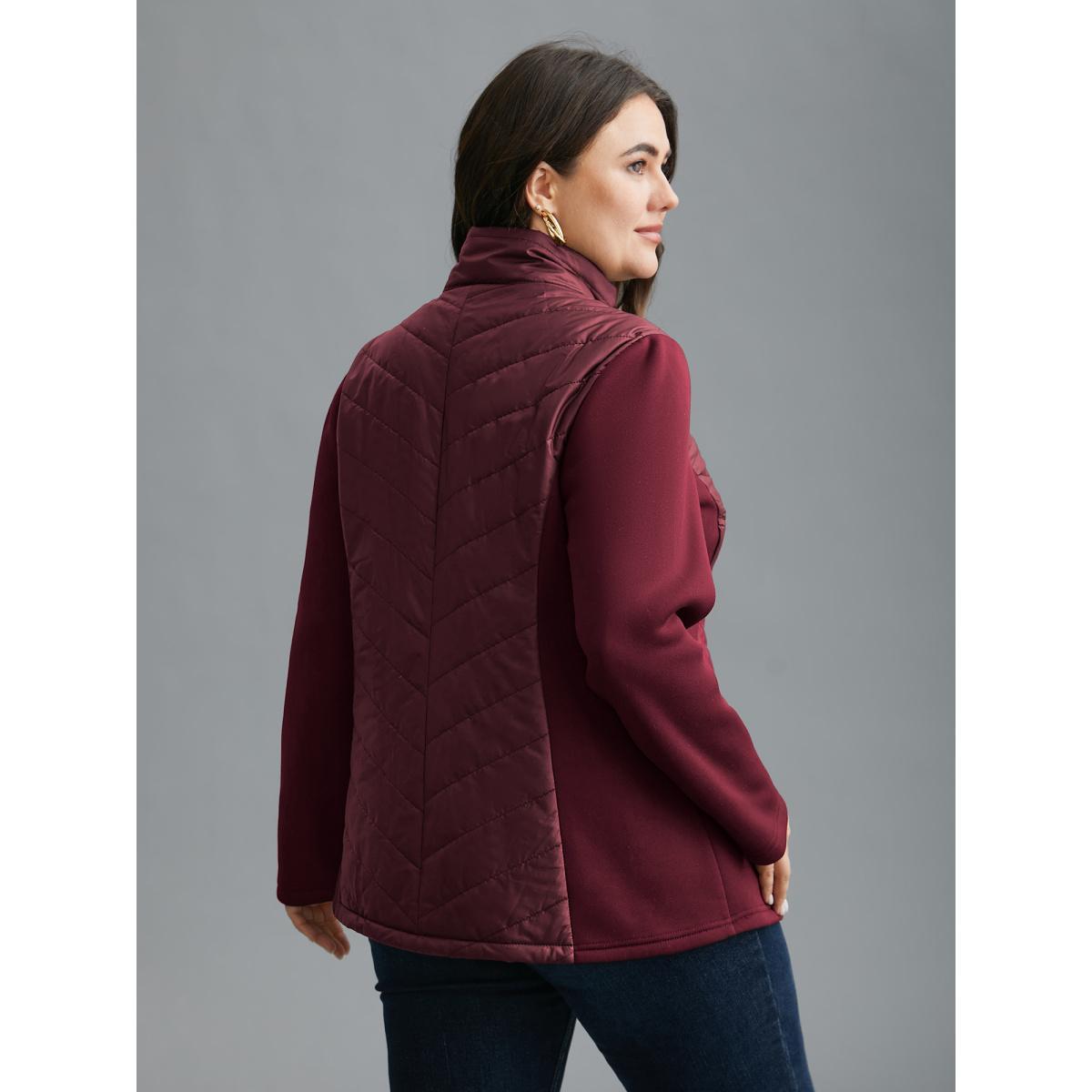 Plus Size Funnel Neck Contrasting Design Zipper Coat Women Burgundy Casual Topstitching Ladies Everyday Winter Coats BloomChic 22-24/3X Product Image