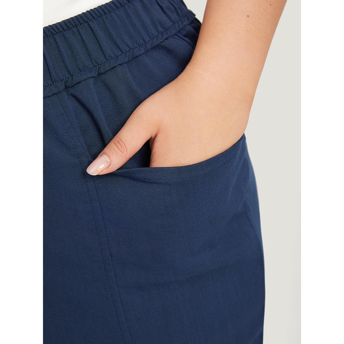 Plus Size Solid Elastic Waist Pocket High Rise Pants Women Indigo Casual High Rise Dailywear Pants BloomChic 22-24/3X Product Image