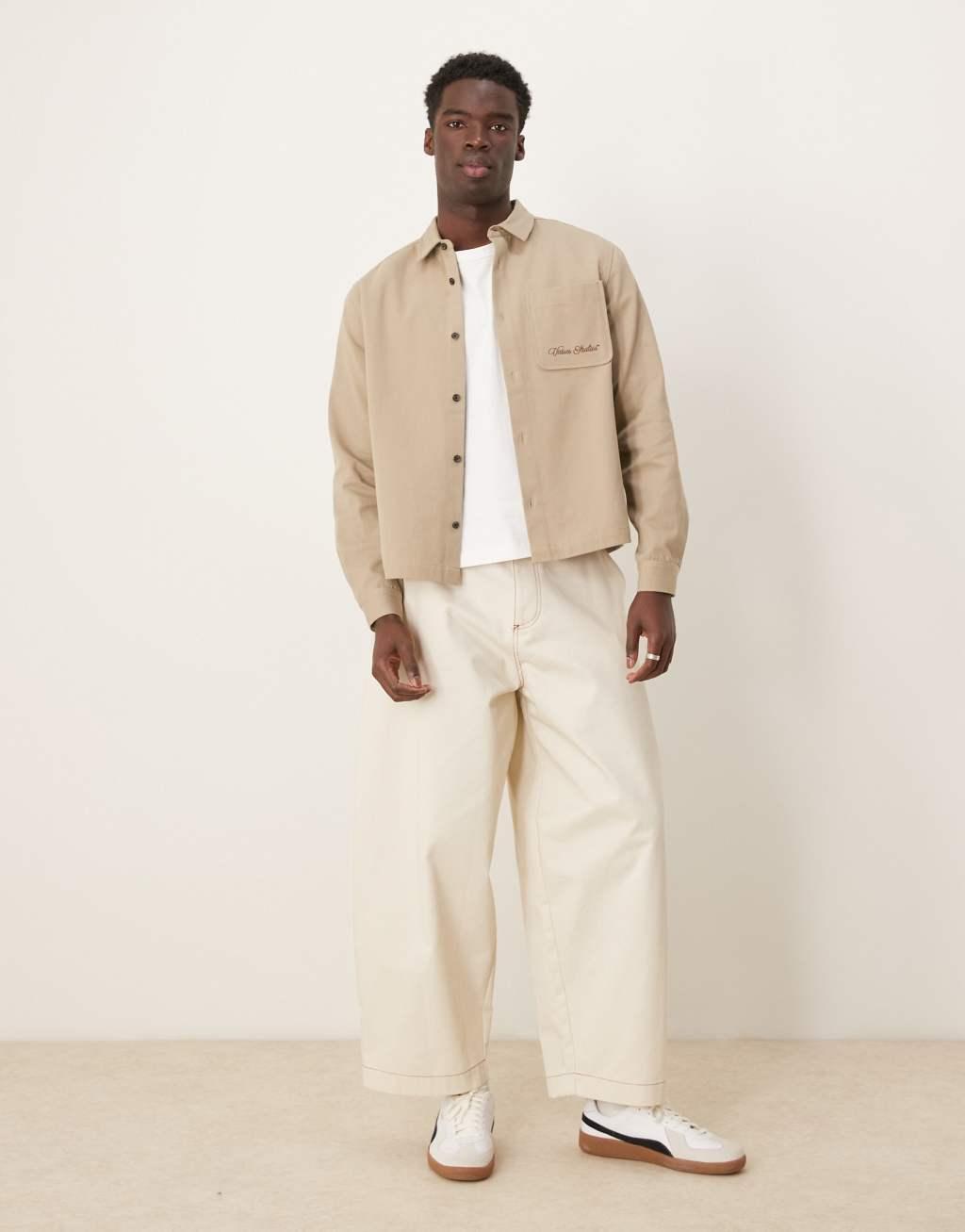 ASOS DESIGN oversized shacket with embroidery in beige Product Image