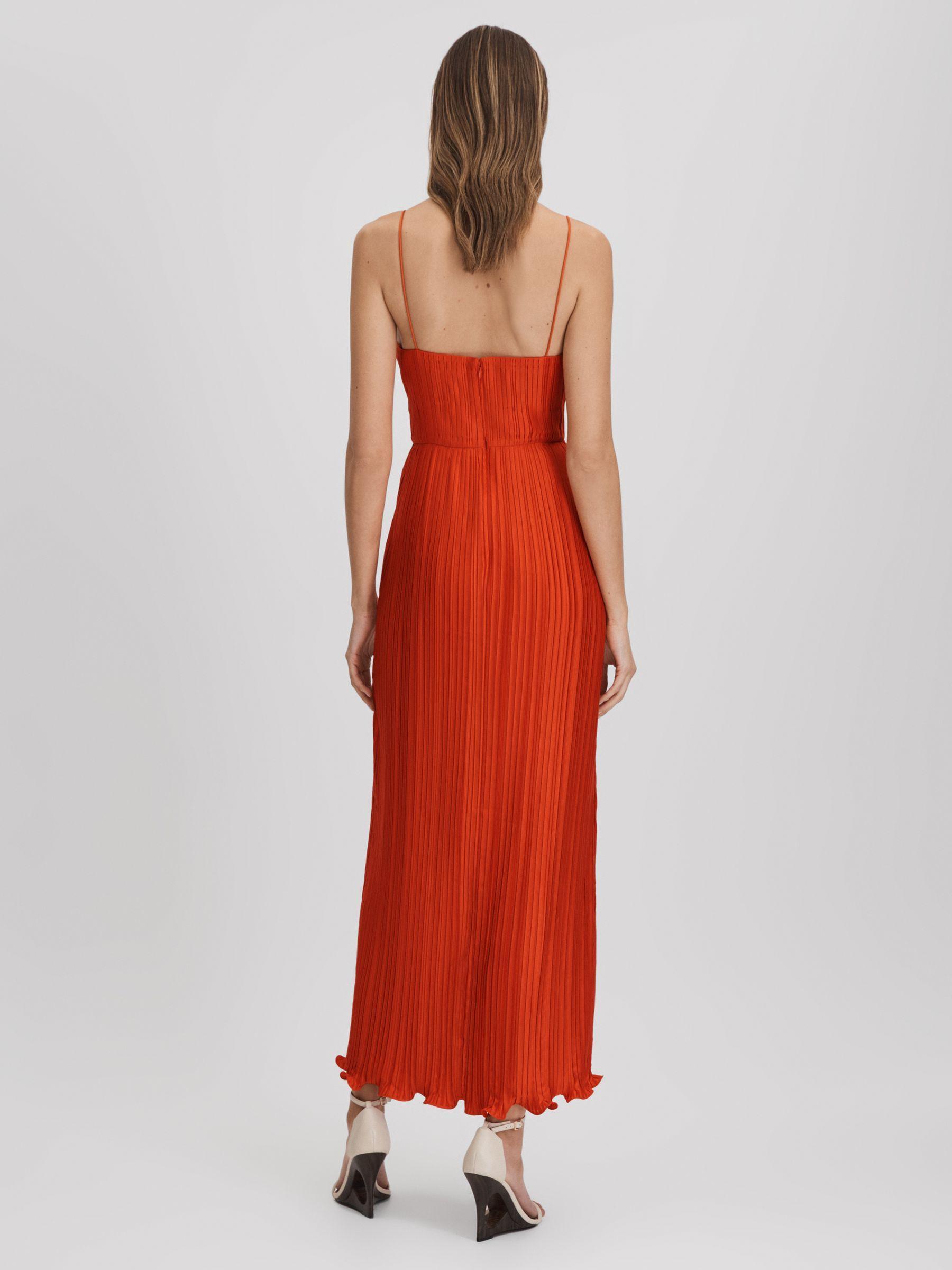 Amur Ruffle Hem Pleated Midi Dress in Crimson Red Product Image
