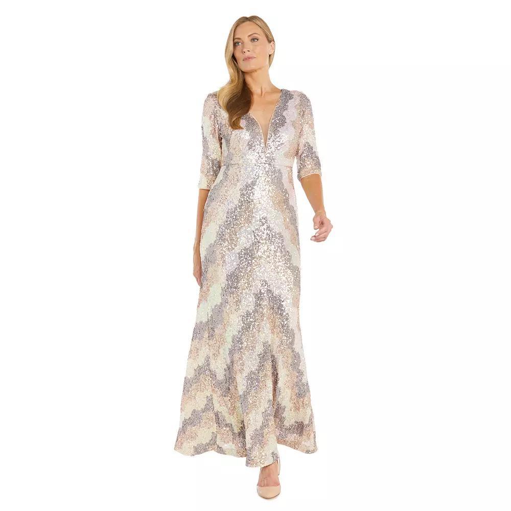 Women's R&M Richards Long Stretch Beaded V-Neck Dress, Size: 16, Beige Team Product Image