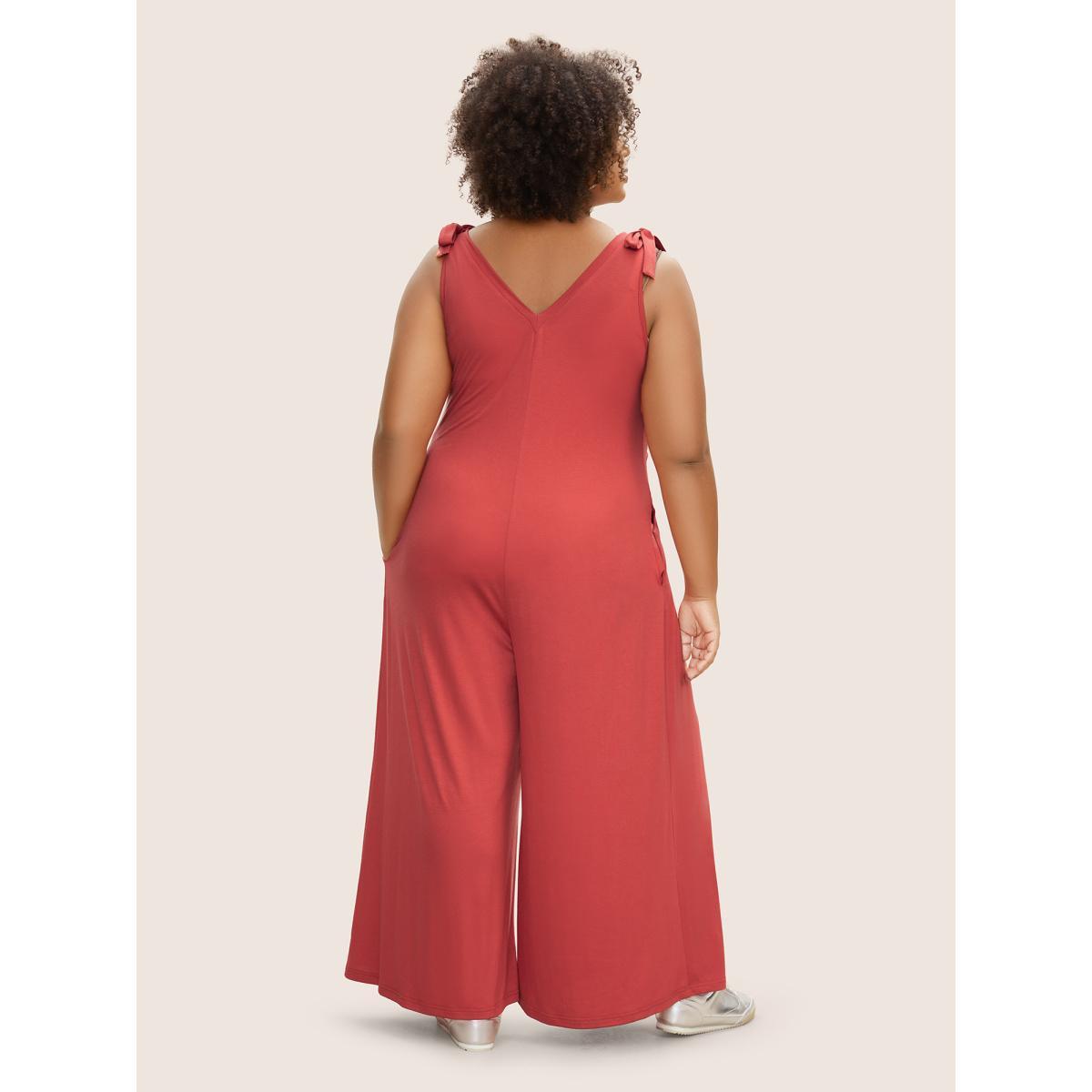 Plus Size OrangeRed Supersoft Essentials V Neck Solid Tie Knot Jumpsuit Women Casual Sleeveless V-neck Everyday Loose Jumpsuits BloomChic 18-20/2X Product Image